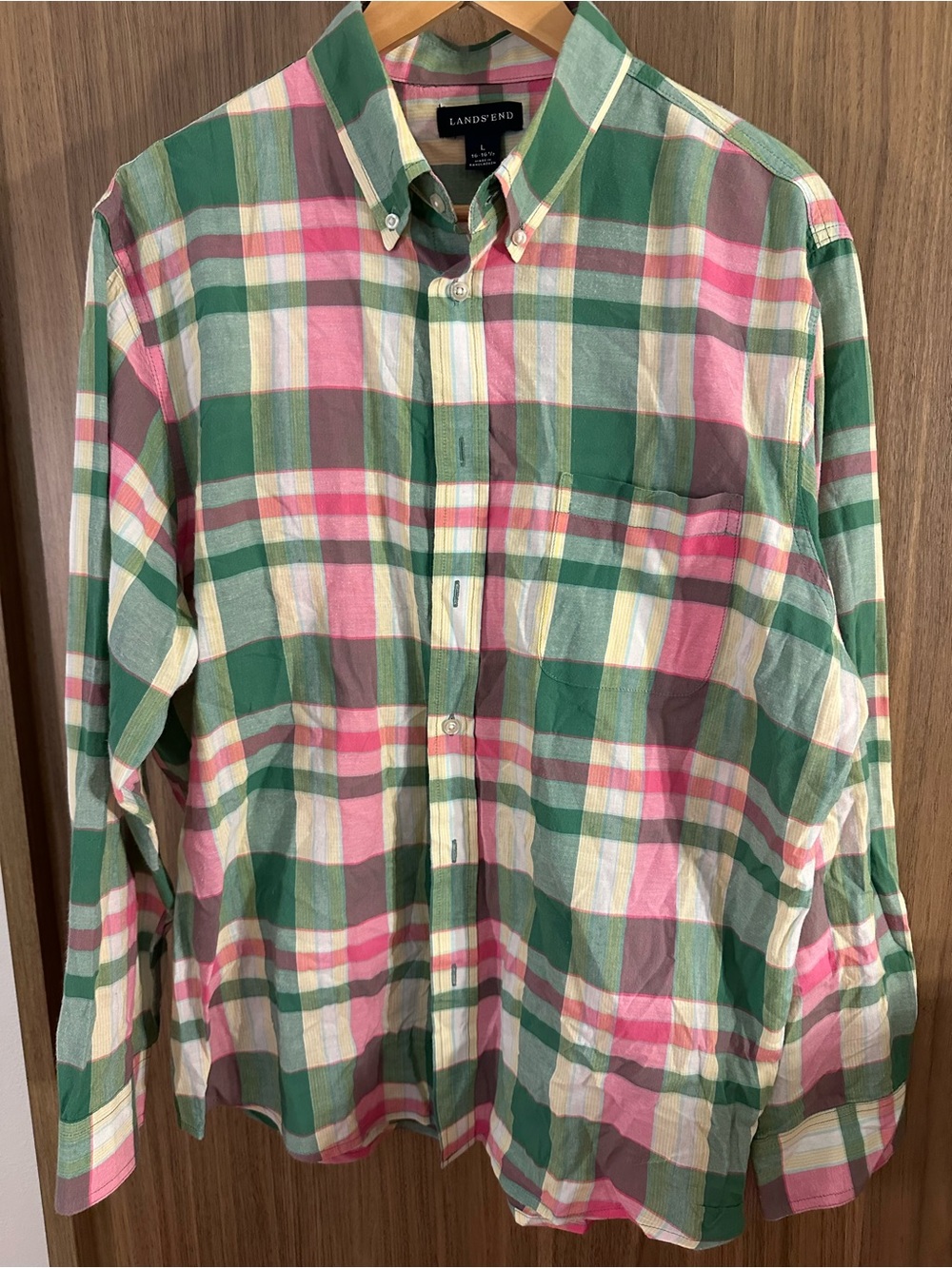 Lands' End Green, Pink & White Plaid Button-Down Shirt